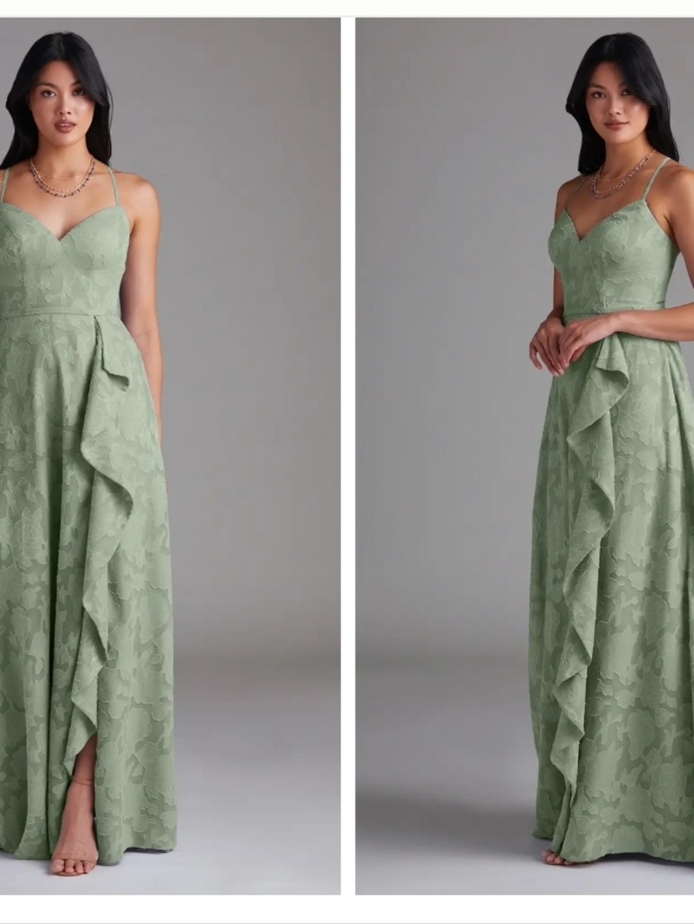 Azazie Sage Green Floral Burnout Textured W Spaghetti Strap Long Dress - Size 18